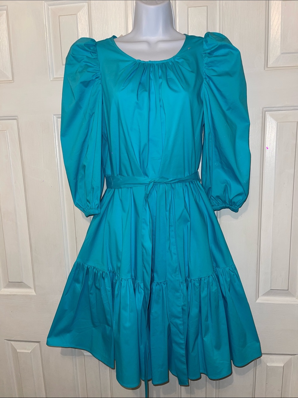New York & Company Teal Puff-Sleeve Tiered Dress with Self-Tie Waist